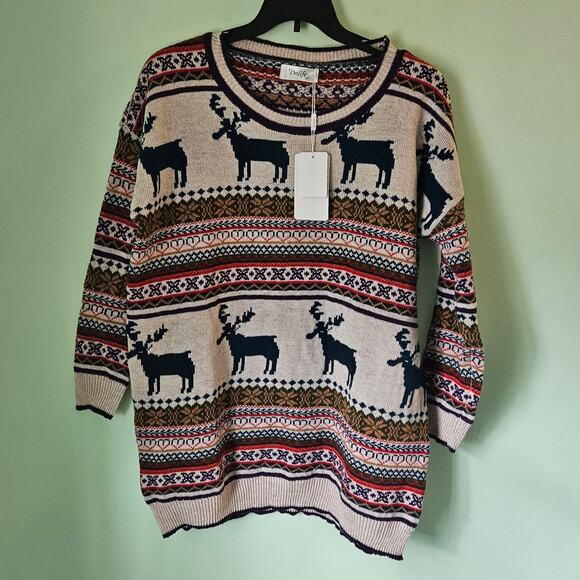 NWT! Orilife Oversized Baggy Beige Cotton & Wool Blend Reindeer Sweater - Picture 4 of 9